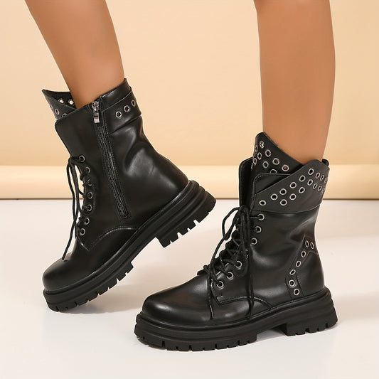 Solid Platform Combat Boots Lace Up Round Toe Non slip Mid Calf Shoes