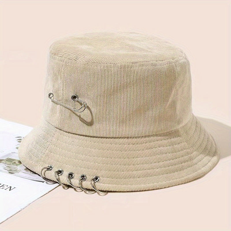 Unisex Hip Hop Bucket Hat Pin Brooch Decor Solid Cotton Basin Hat
