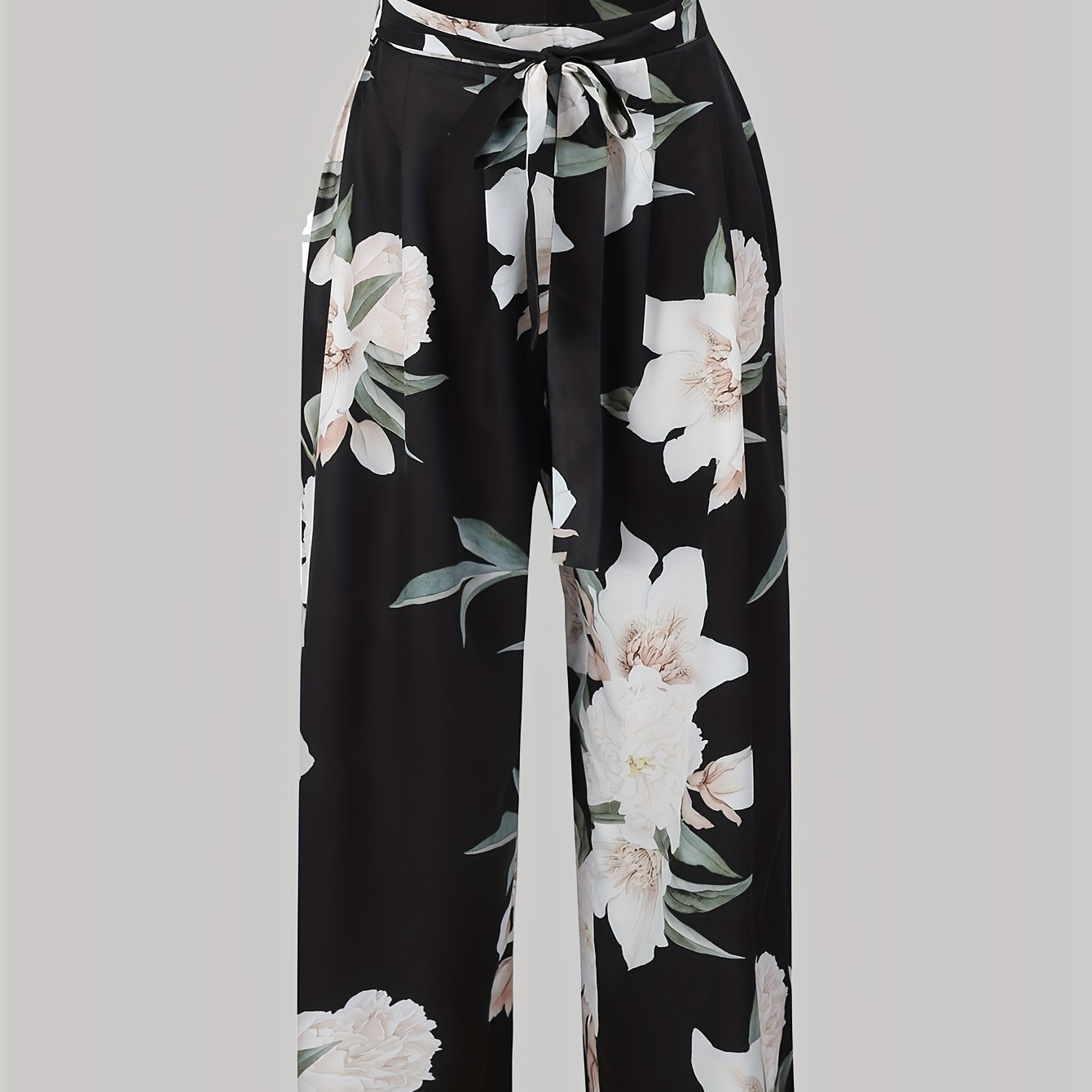  Floral Print Wide Leg Trousers With Belt
