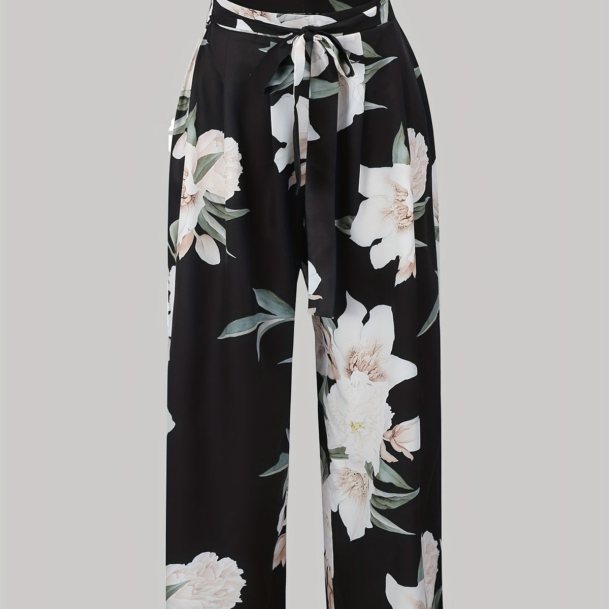  Floral Print Wide Leg Trousers With Belt