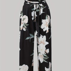  Floral Print Wide Leg Trousers With Belt