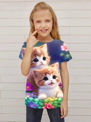 3D Kitty Graphic Crew Neck T shirt Girls Summer Casual Pullover Tops