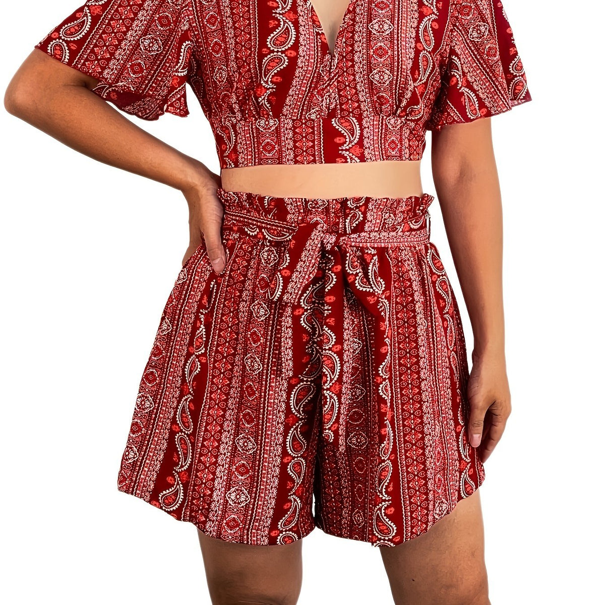 Paisley Print Two Piece Set Plunging V Neck Top & Wide Leg Shorts