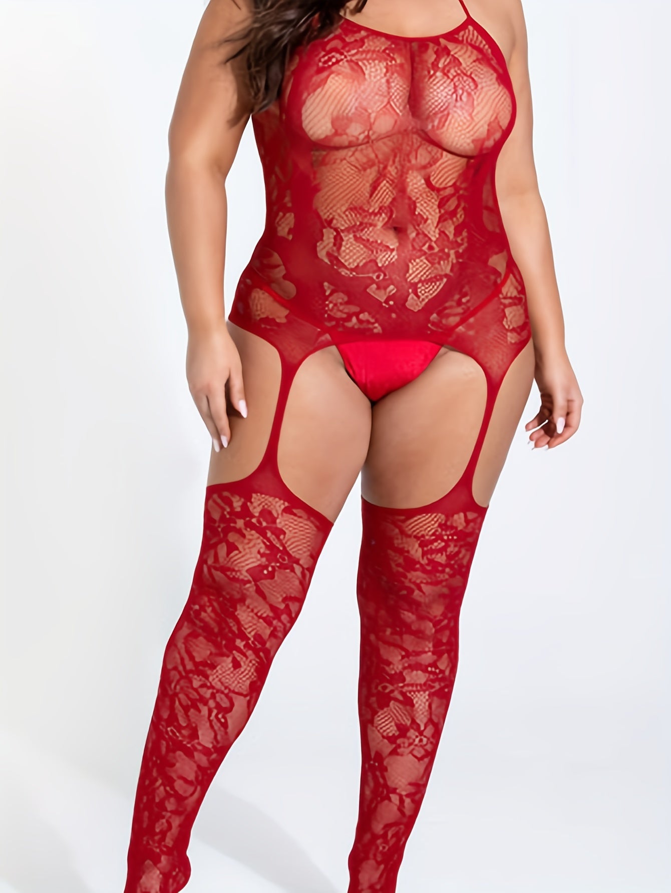  Sexy Floral Lace Crotchless Bodysuit