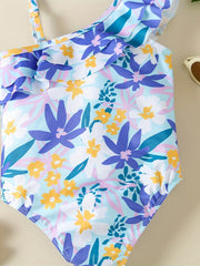 One Shoulder Swimsuit with Flower Graphic and Ruffled Trim