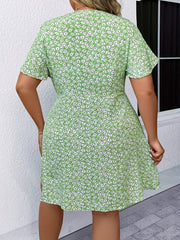  Boho Dress Women's Plus Ditsy Floral Print Short Sleeve V Neck Button
