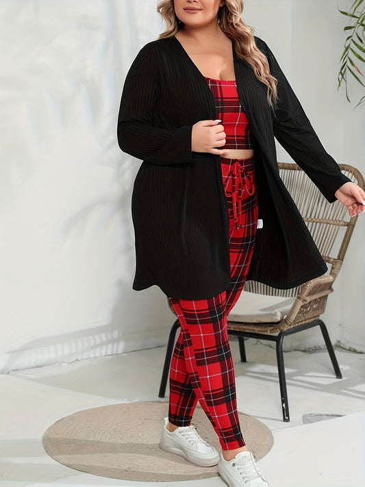  Plaid Crop Cami Top & Tie Pants & Cardigan Set
