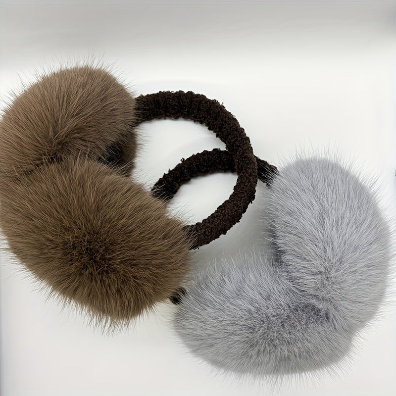 Women's Plush Fleece Ear Warmers Soft Foldable Winter Ear Muffs Brown & Grey