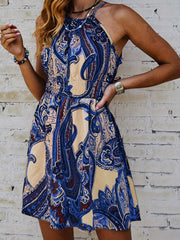 Paisley Print Tie Back Dress Sleeveless Boho Shirred Waist