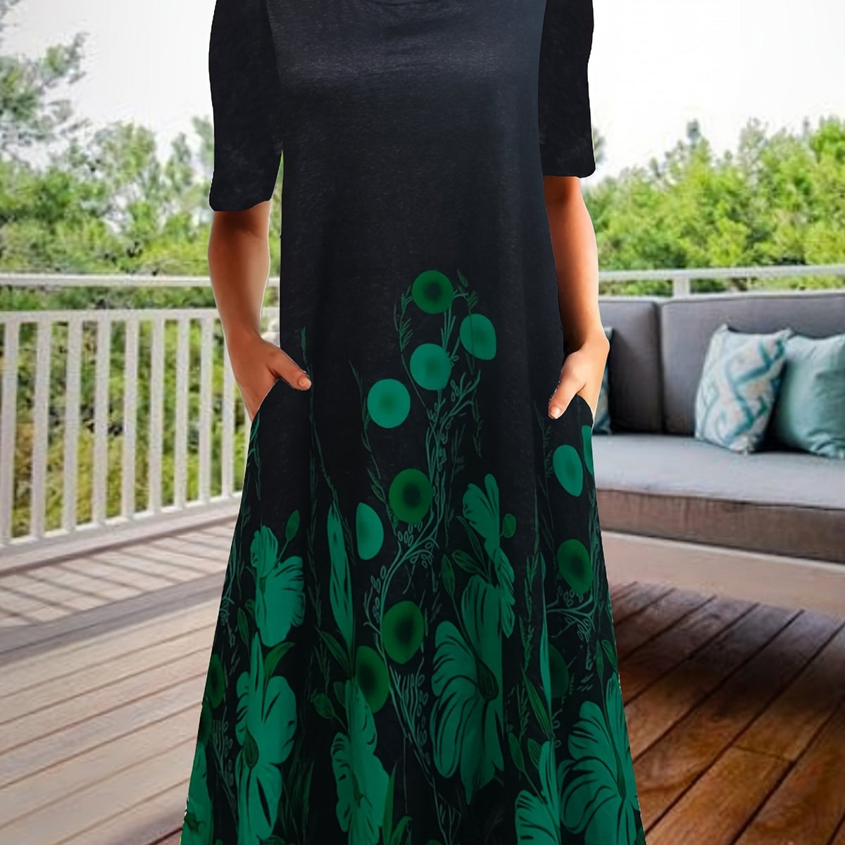  Casual Dress Women's Plus Floral Print Round Neck Short Sleeve Pockete