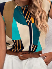  Colorblock Geometric Print Cap Sleeve Blouse