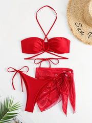 Lace Up Bikini Set & Print Cover Up Wrap