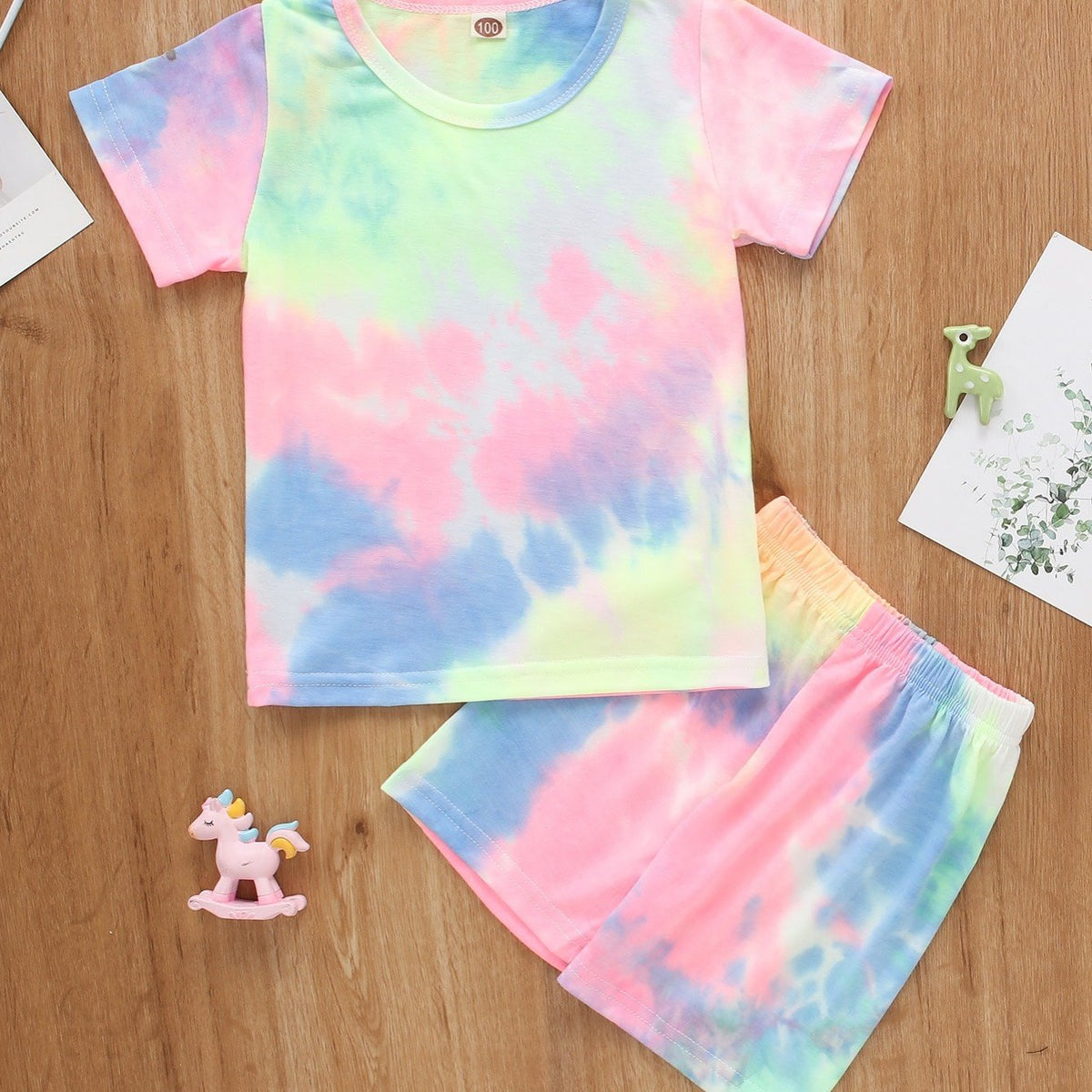 2pcs Baby Rainbow Tie Dye Shirt Top & Shorts Set