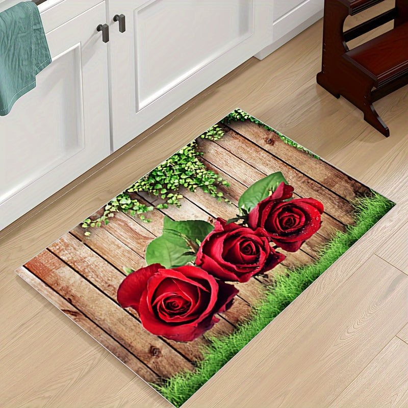 2pcs Kitchen Decor Area Rug Wooden Panel Rose Pattern Kitchen Floor Mat