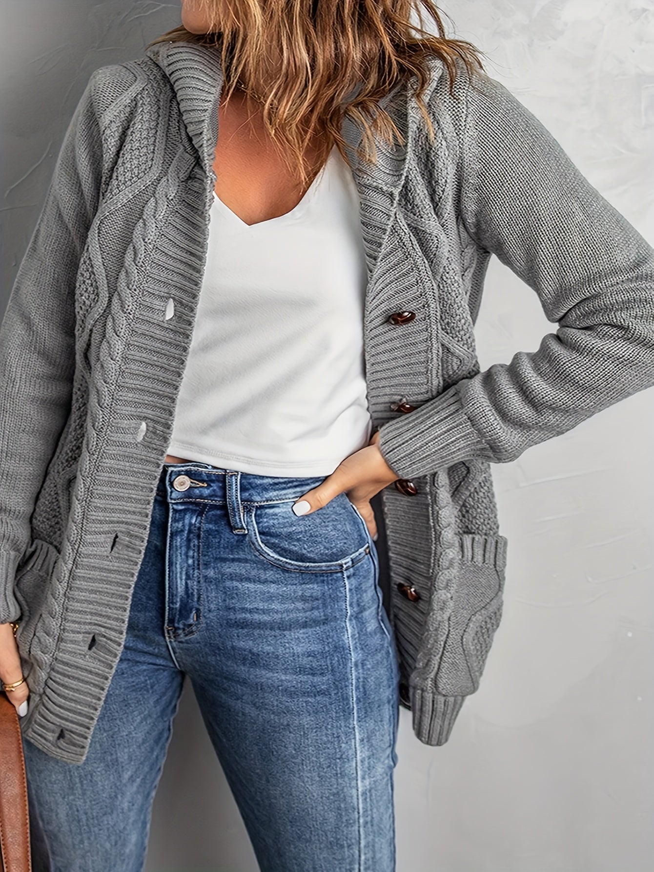  Solid Button Up Cable Long Sleeve Hooded Cardigan With Pockets