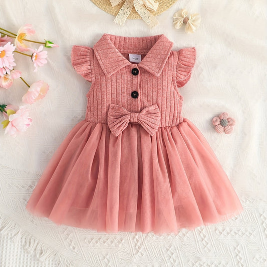 Baby Girls Casual Mesh Stitching Bow Decor Dress For Summer Holiday