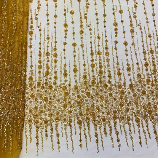 Golden African Organza Lace Fabric High French Beads Lace Sequins Tulle Lace Fab