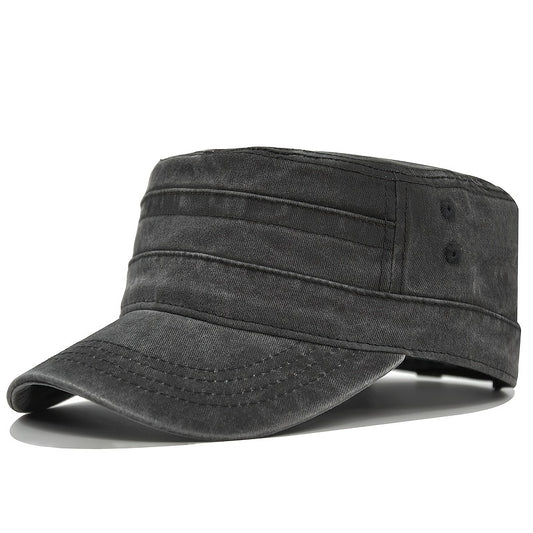 Vintage Washed Cotton Military Cadet Flat Top Cap Adjustable Hat