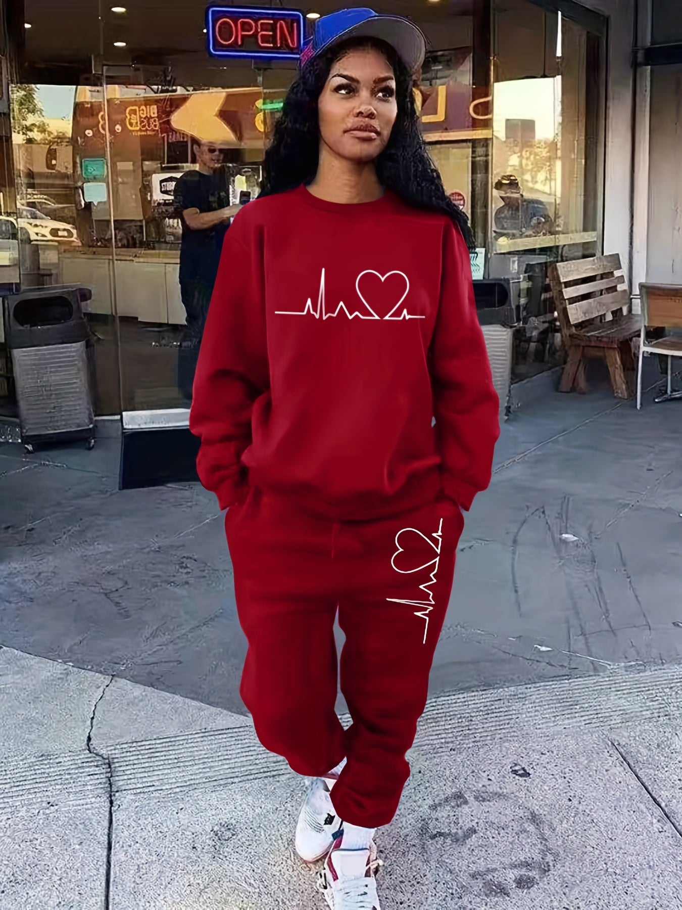 Heart Rate Pattern Print Casual Two-piece Set Long Sleeve Tops & Pants