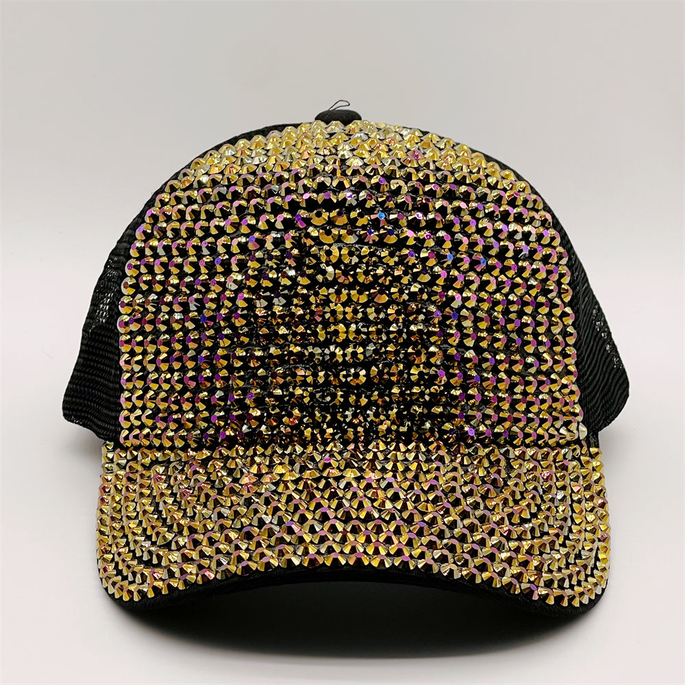 Golden Rhinestone Baseball Cap Mesh Hip Hop Trucker Hat
