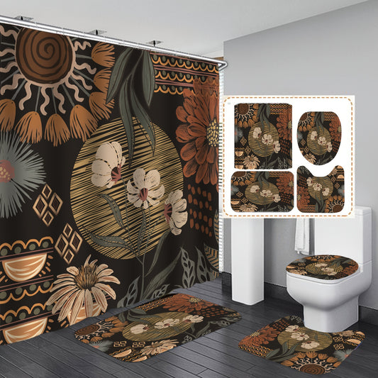 4pcs Colorful Bohemian Shower Curtain Set Vintage Boho Flowers Bathroom Set