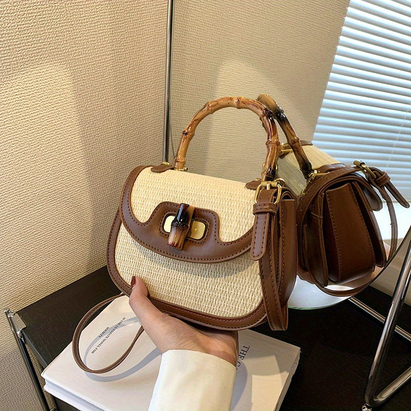 Straw Handbag Wooden Turn Lock Shoulder Bag Crossbody Bag