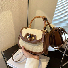 Straw Handbag Wooden Turn Lock Shoulder Bag Crossbody Bag