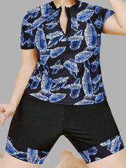 Leaf Print Zip Up Tankini Set