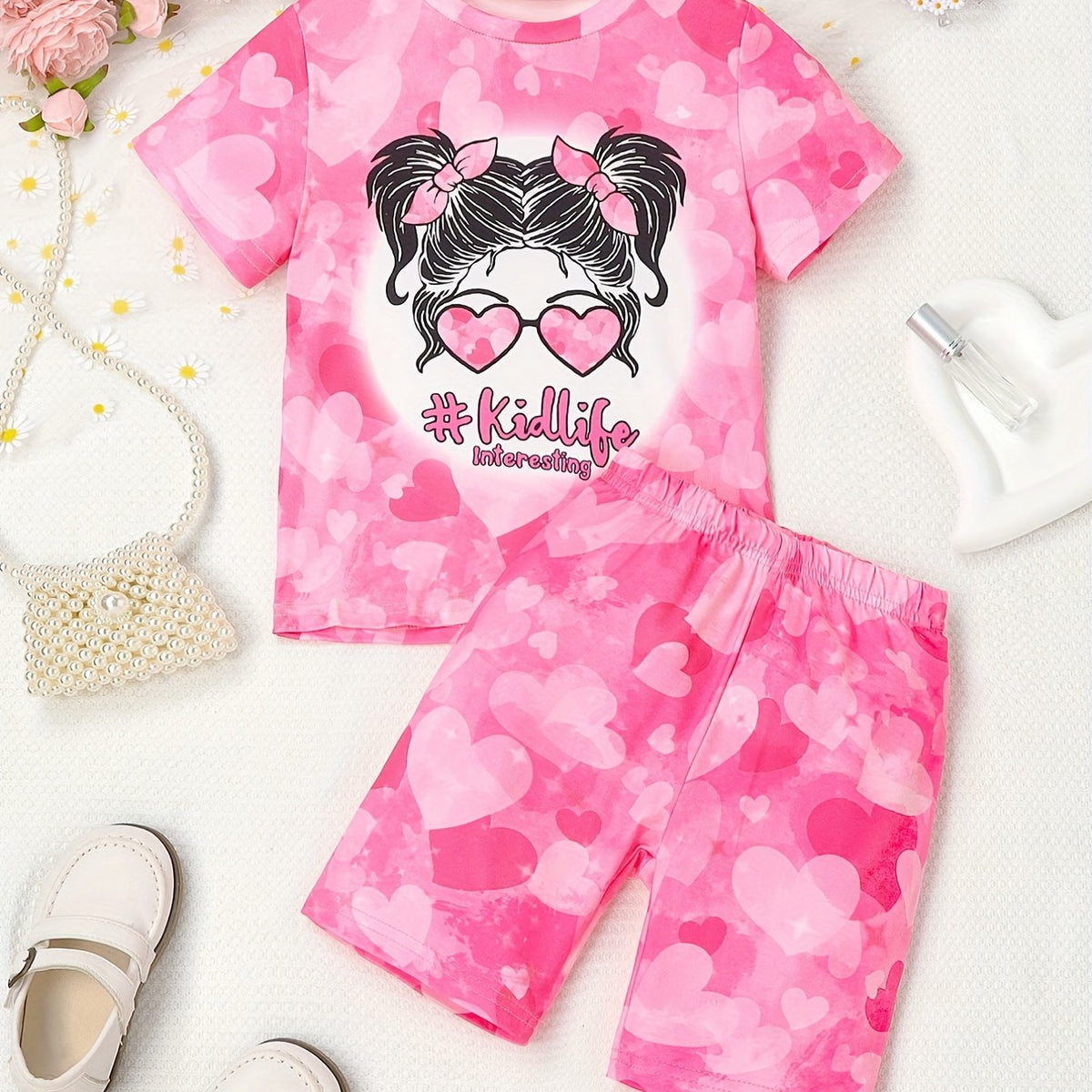Girls Portrait KIDLIFE Love Short Sleeve T-shirt & Gradient Love Shorts Set