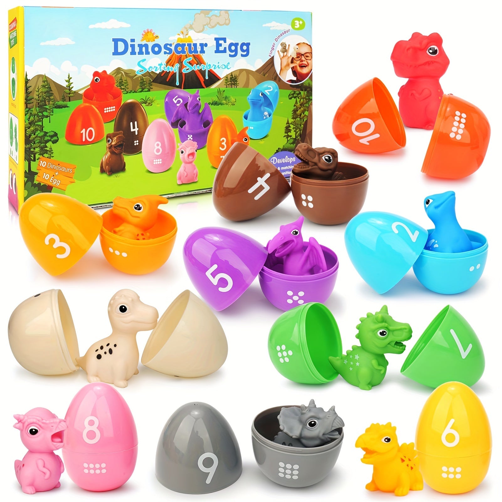 Set of 10 Dino Eggs & Dinosaurs - Easter Basket Stuffer for Kids 3+