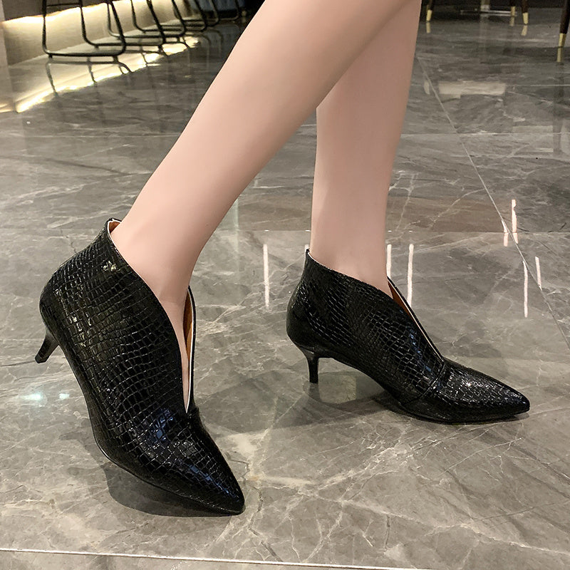 Crocodile Embossed Ankle Boots Women's Point Toe Heels
