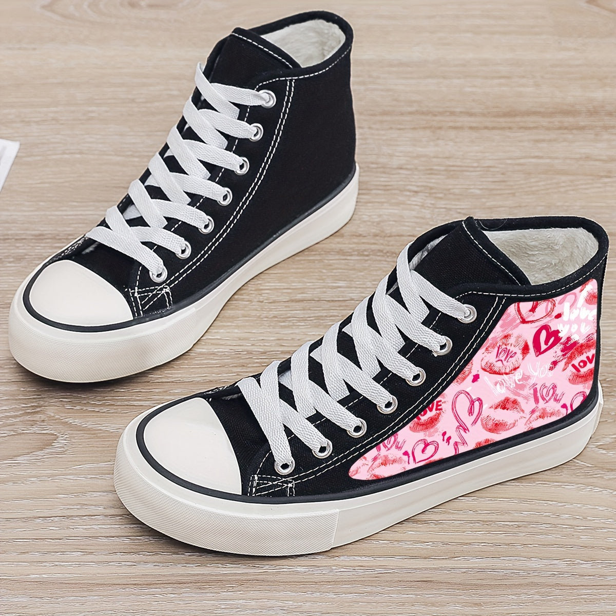 Love & Heart Print Plush Lined Chunky Canvas Sneakers