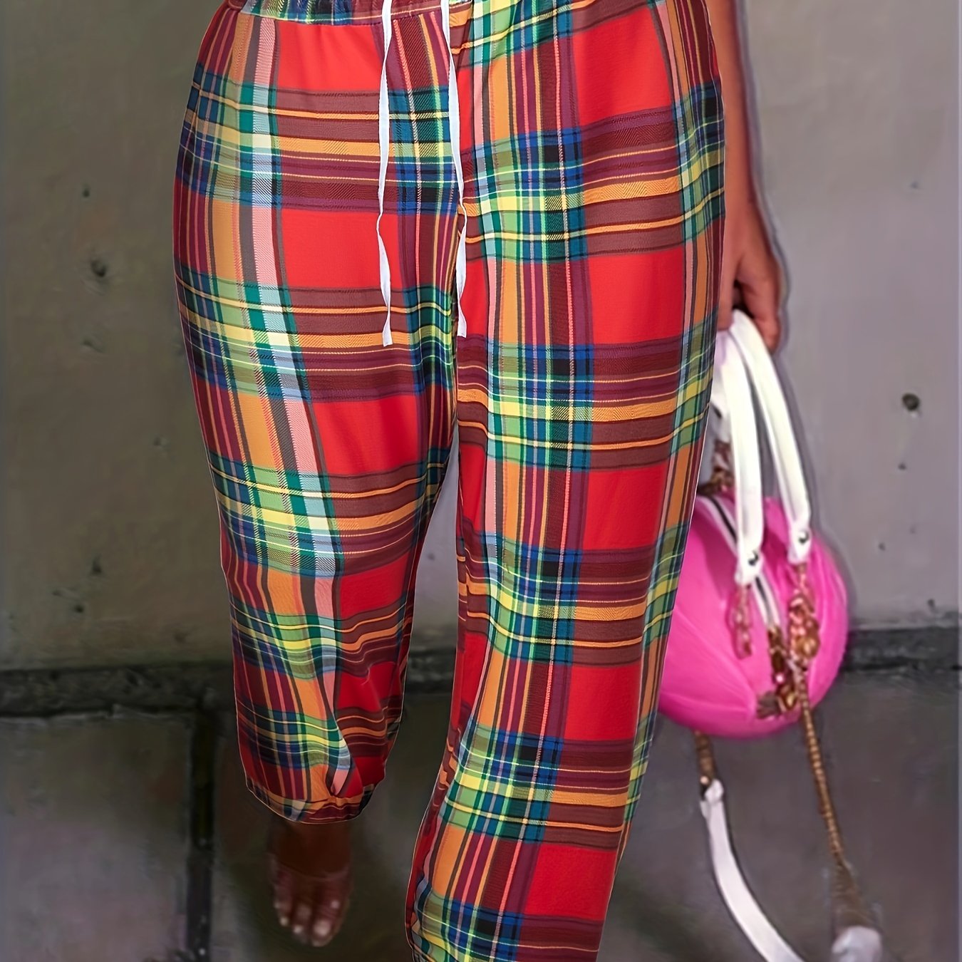  Plaid Print Elastic Drawstring Trousers