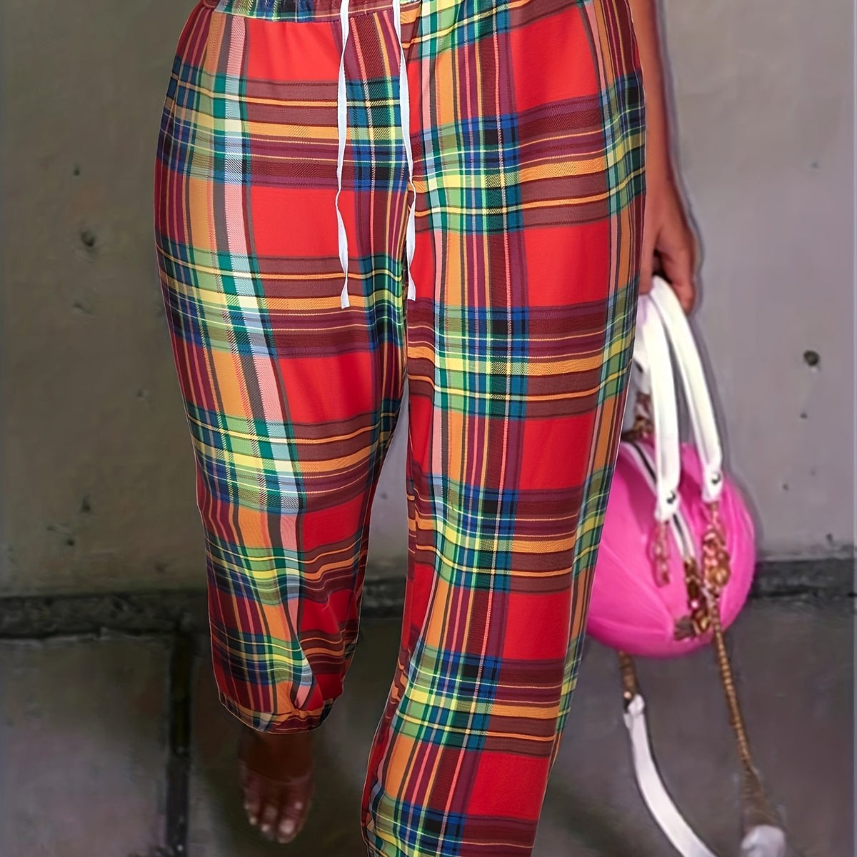  Plaid Print Elastic Drawstring Trousers