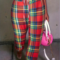  Plaid Print Elastic Drawstring Trousers