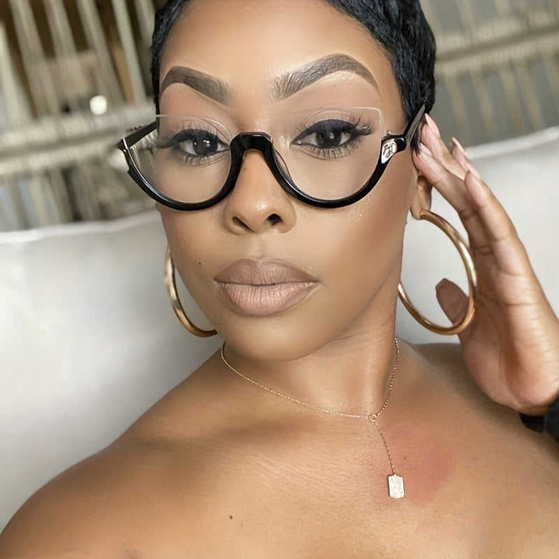 Semi Rimless Cat Eye Clear Lens Glasses with Rhinestone Decor