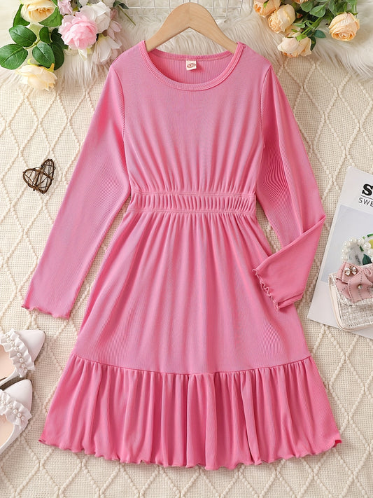 Kid Girls Stretch Rib Knit Long Sleeve Tunic Dress for Party Daily Casual Dress