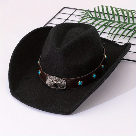 Vintage Turquoise Fedora Cap with Bull Head Belt Decor