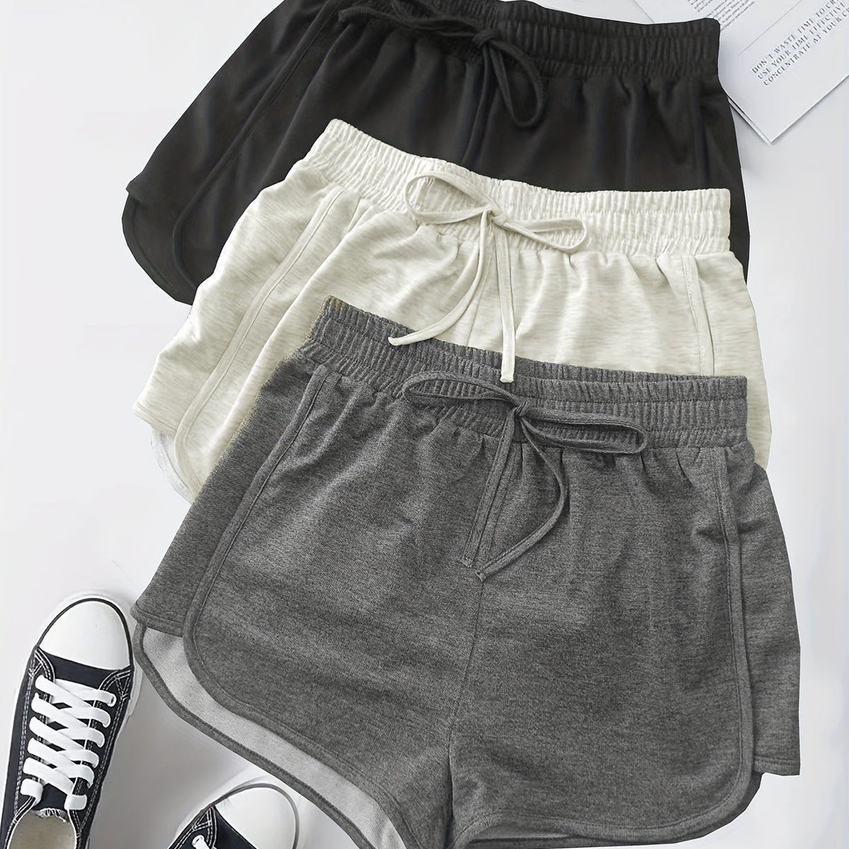 3-Pack Plus Size Sports Shorts Set - High Waist Elastic Drawstring