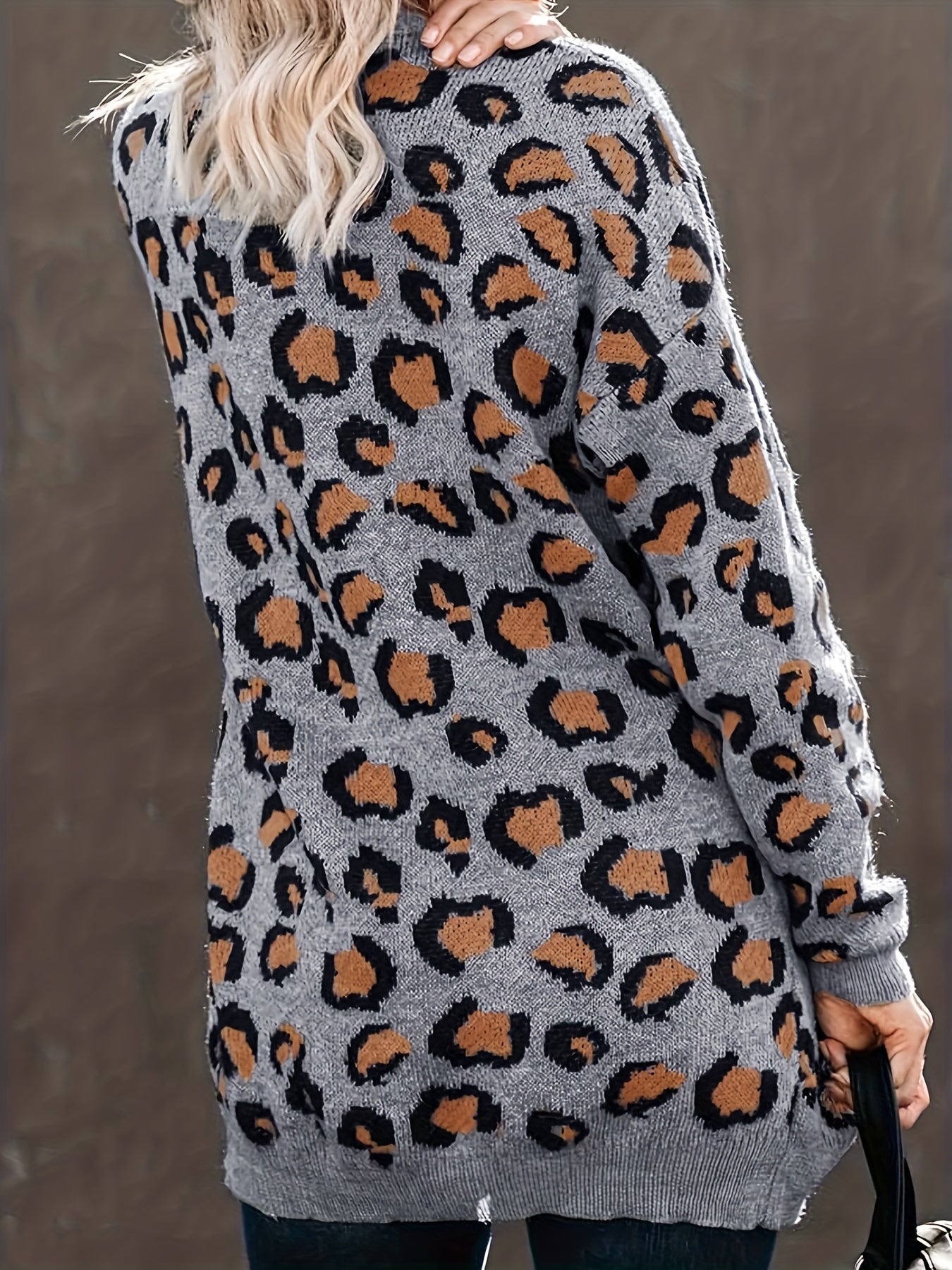  Leopard Print Open Front Cardigan with Pockets