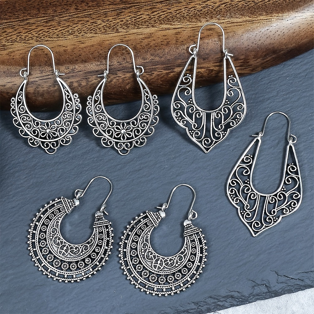 Vintage Ancient Silver U Shaped Earrings Women's Boho Hollow Dangle Earrings