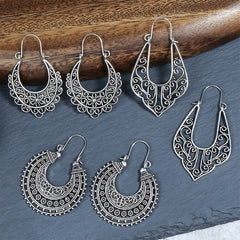 Vintage Ancient Silver U Shaped Earrings Women's Boho Hollow Dangle Earrings