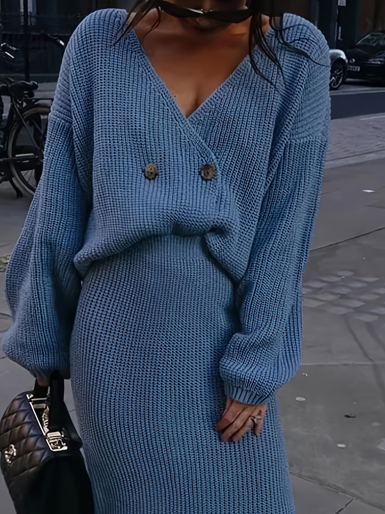  Solid Button Up Sweater & Skirt Set