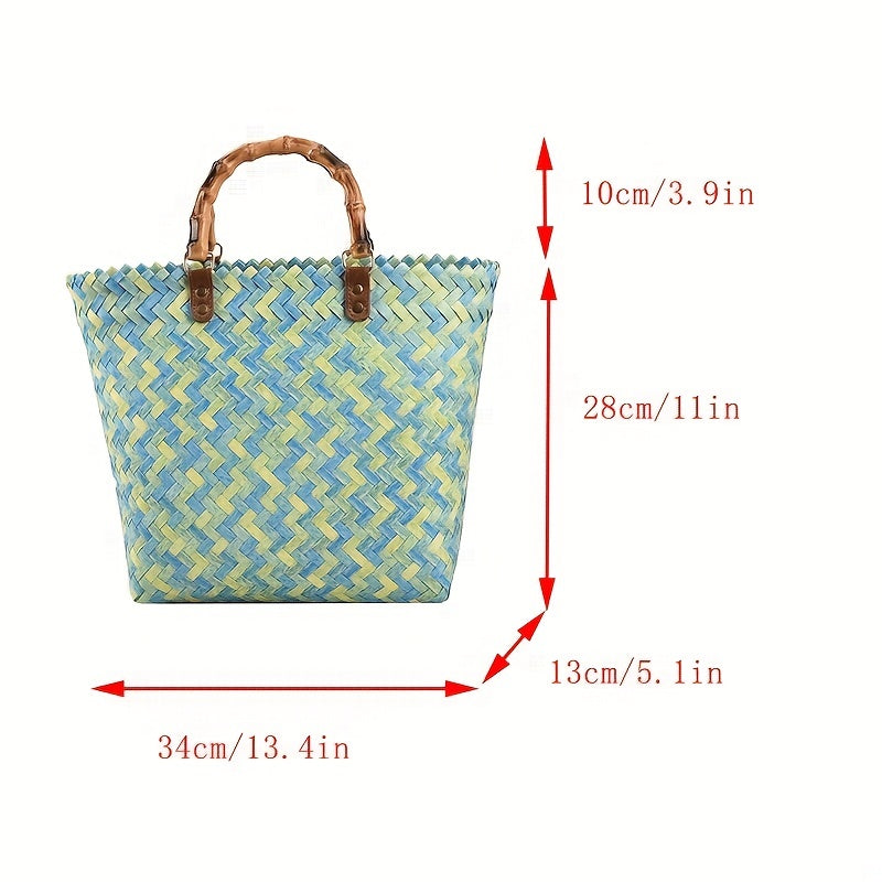 Straw Woven Beach Bag with Bamboo Handle Boho Style Handbag