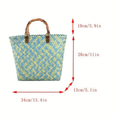 Straw Woven Beach Bag with Bamboo Handle Boho Style Handbag