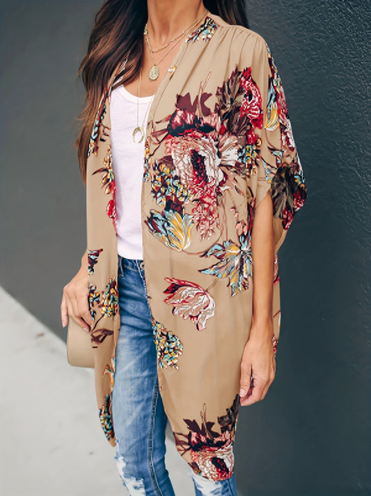 Floral Print Ruched Sleeve Cover Up Cardigan