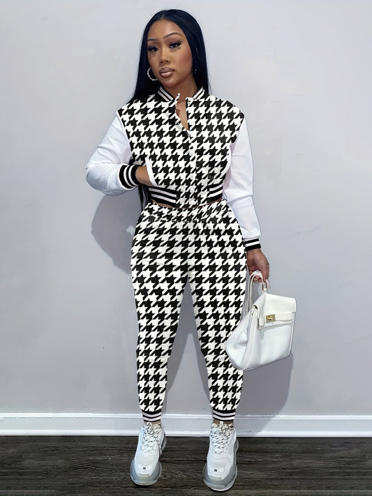  Houndstooth Crop Coat & Jogger Pants Set