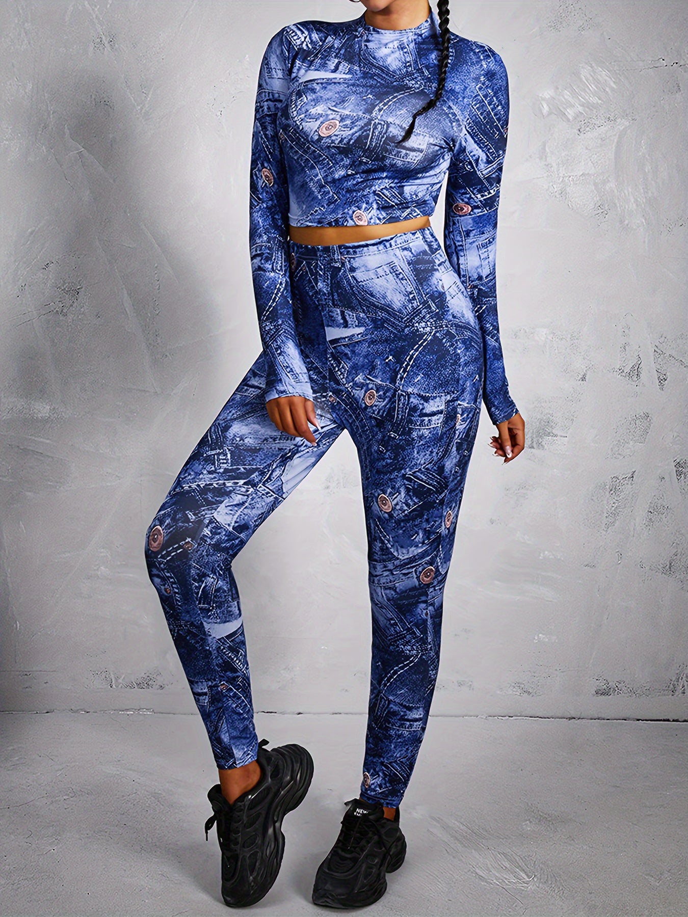  Denim Print Mock Neck Top & Leggings Set