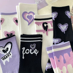 7 Pairs Heart Print Socks Comfy & All match Street Socks Women's Stockings