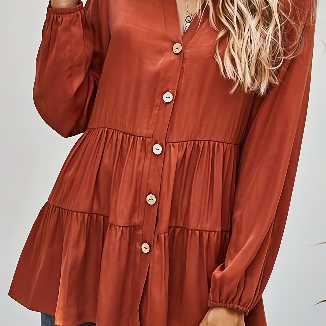  Solid Button Up Mock Neck Babydoll Top